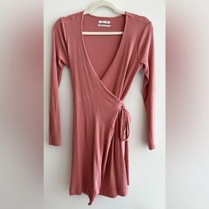 Urban Outfitters Ribbed Wrap Long Sleeve Dress, Dusty Rose, Size Medium
